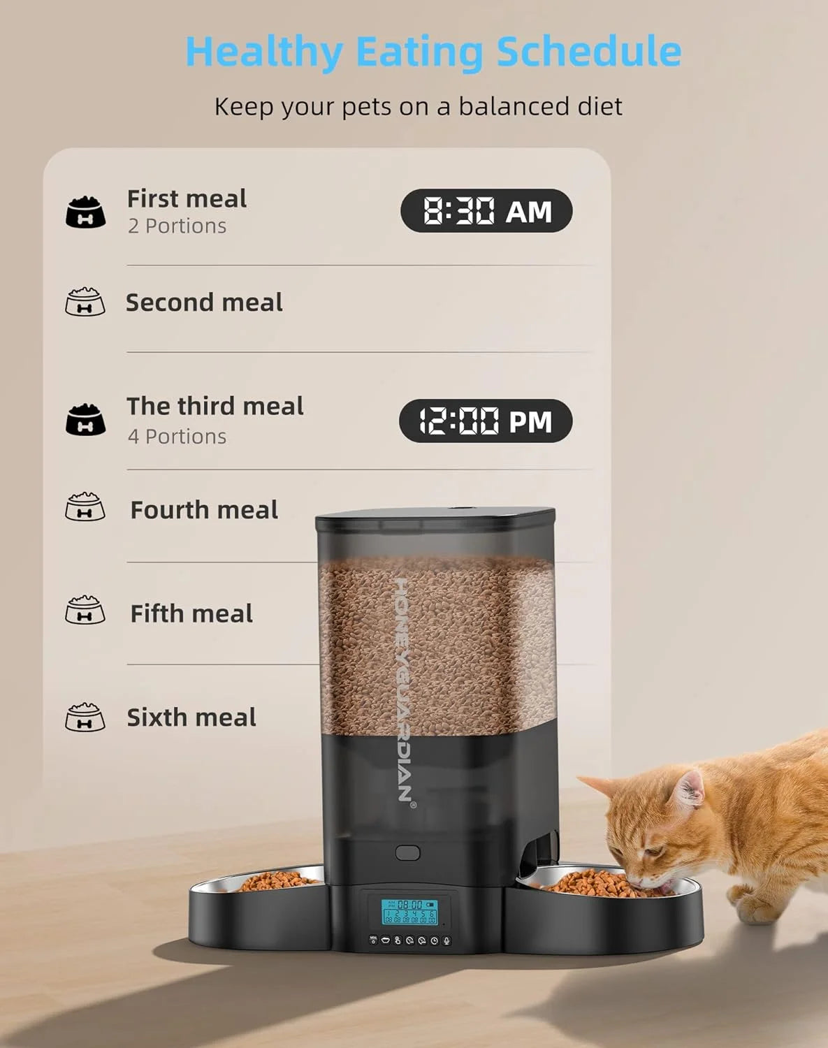 5L Large Capacity Automatic Cat Feeder for Two Cats,5L Cat Food Dispenser with Slow Feeder Bowl, Timed Cat Feeder Programmable 1-6 Meals Control, Dual Power Supply, 10S Meal Call White